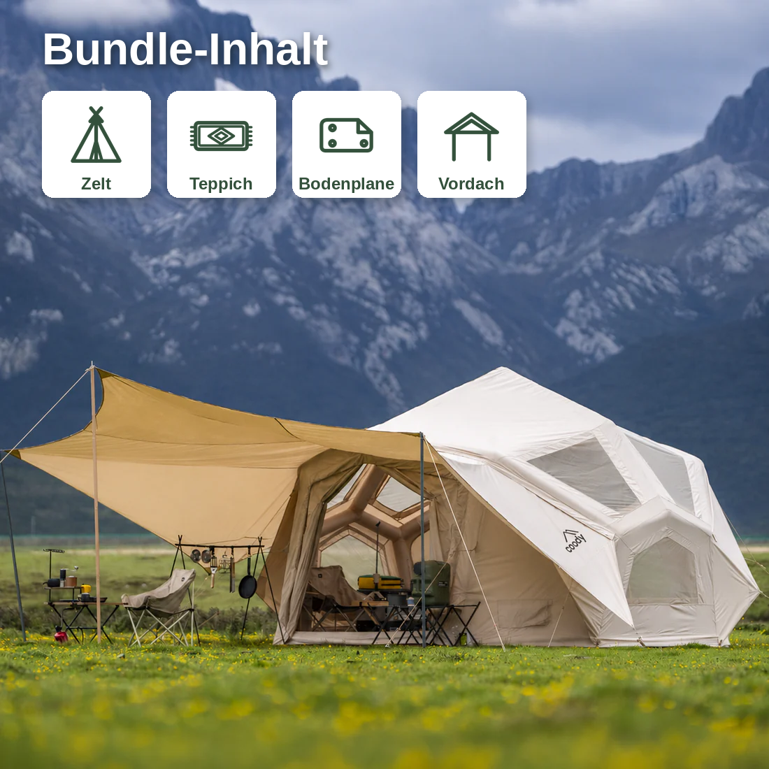 Coody Bestona Bundle – Zelt + Teppich Beige + Bodenplane + Vordach – Coody – Aufblasbare Zelte & Camping Zubehör