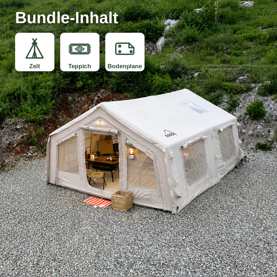 Coody 13.68 Pro Bundle – Zelt + Teppich + Bodenplane
