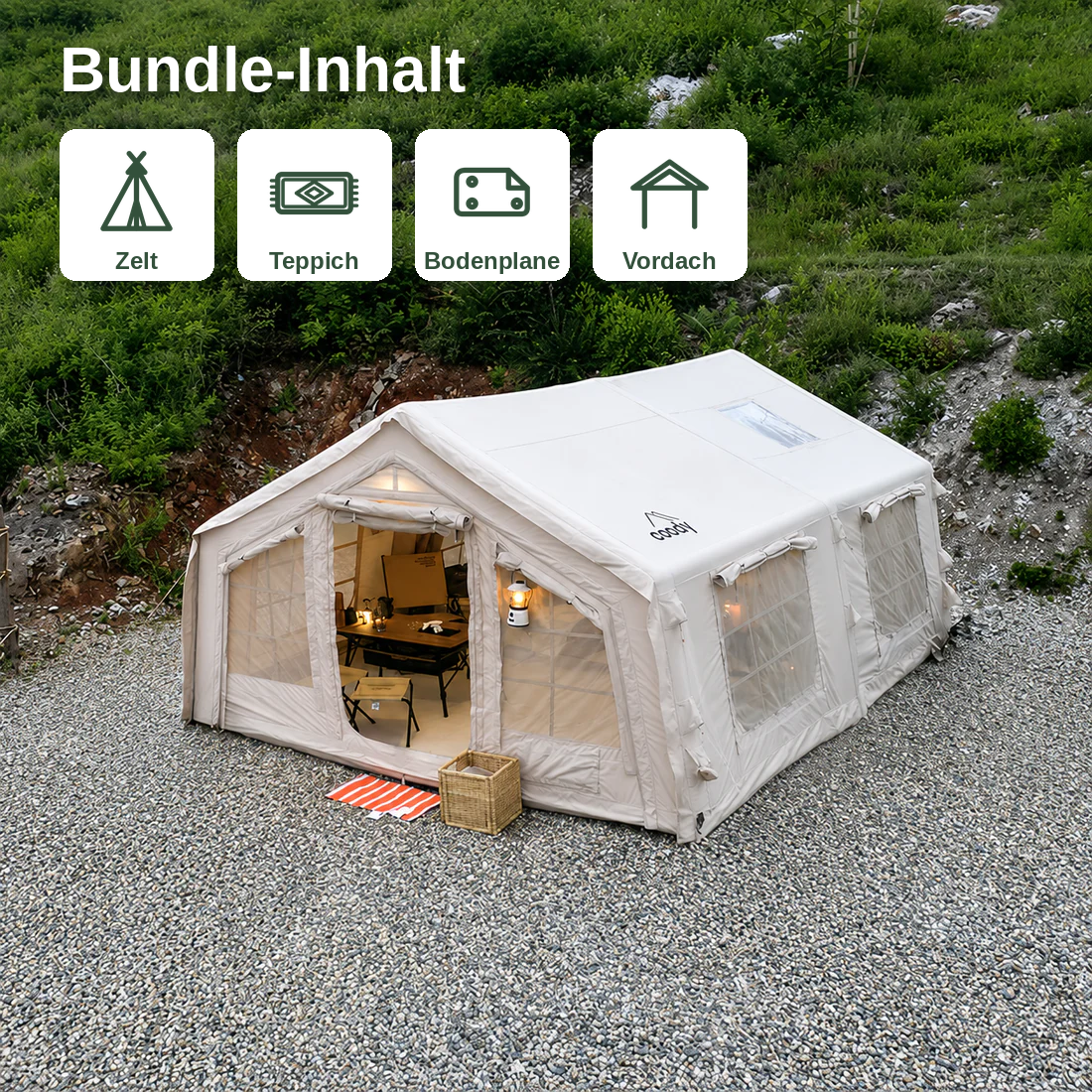 Coody 13.68 Pro Bundle – Zelt + Teppich + Bodenplane + Vordach