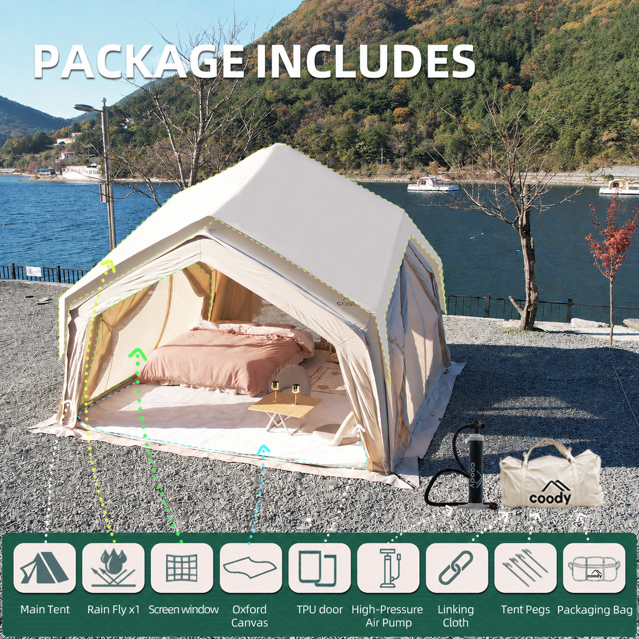 Coody Hub Station Bundle – Zelt + Teppich + Bodenplane + Vordach – Coody – Aufblasbare Zelte & Camping Zubehör